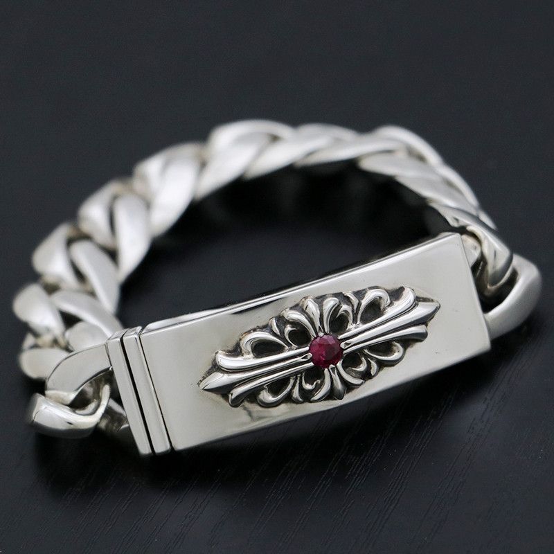 image of Chrome Hearts Ruby Floral Cross Id Bracelet in Silver, Men's