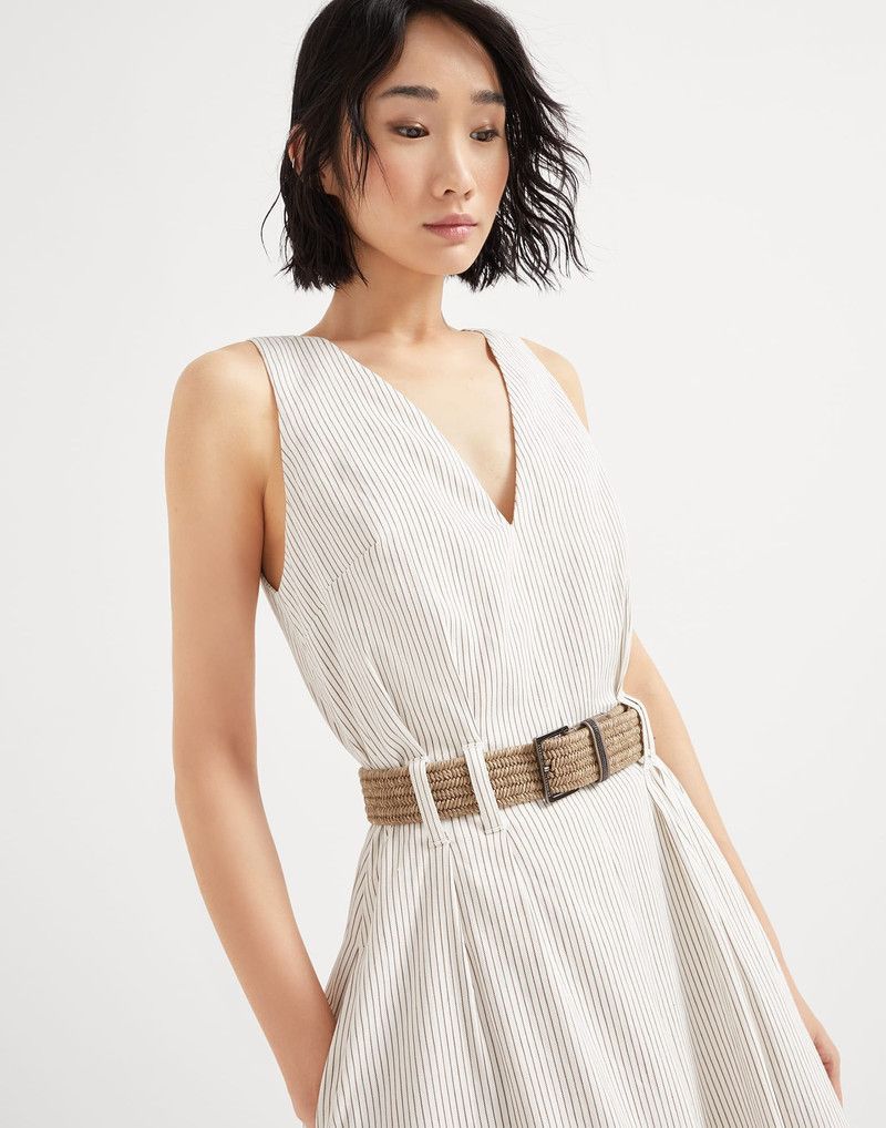 Brunello Cucinelli o1la1rc1a0326 Comfort Stripe Twill Belted Dress in Chalk Size L / US 10 / IT 46 - 3 Thumbnail