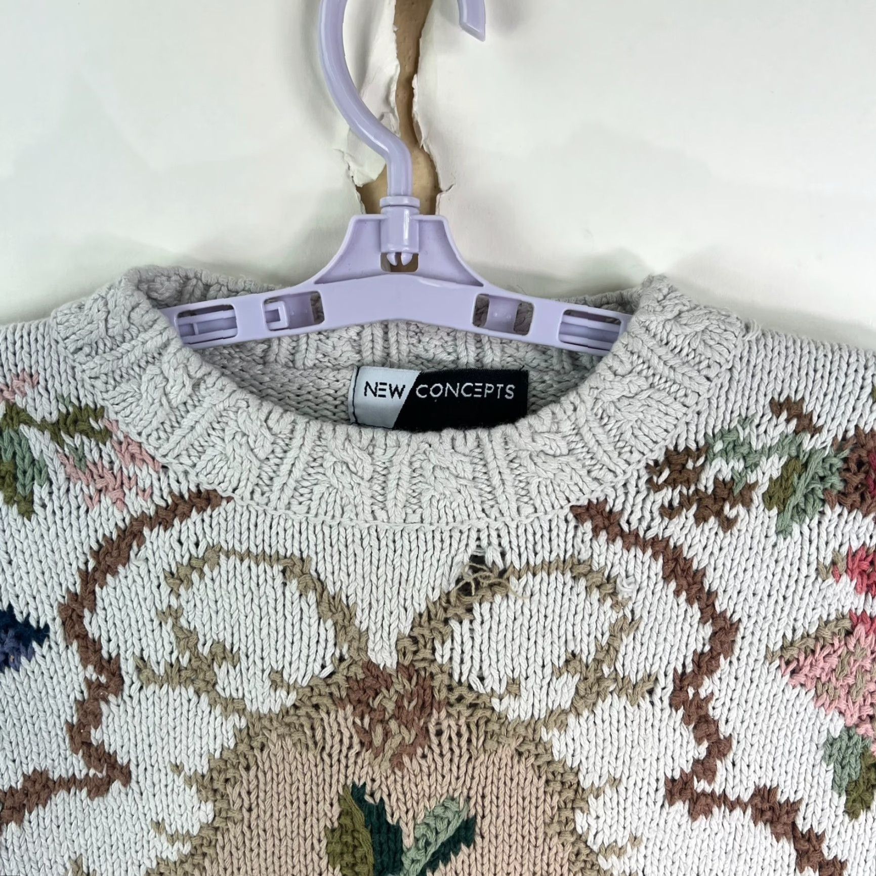 Vintage New Concepts Floral Cotton Blend Knit Sweater Womens Size M Lt Gray/Green Size M / US 6-8 / IT 42-44 - 3 Thumbnail