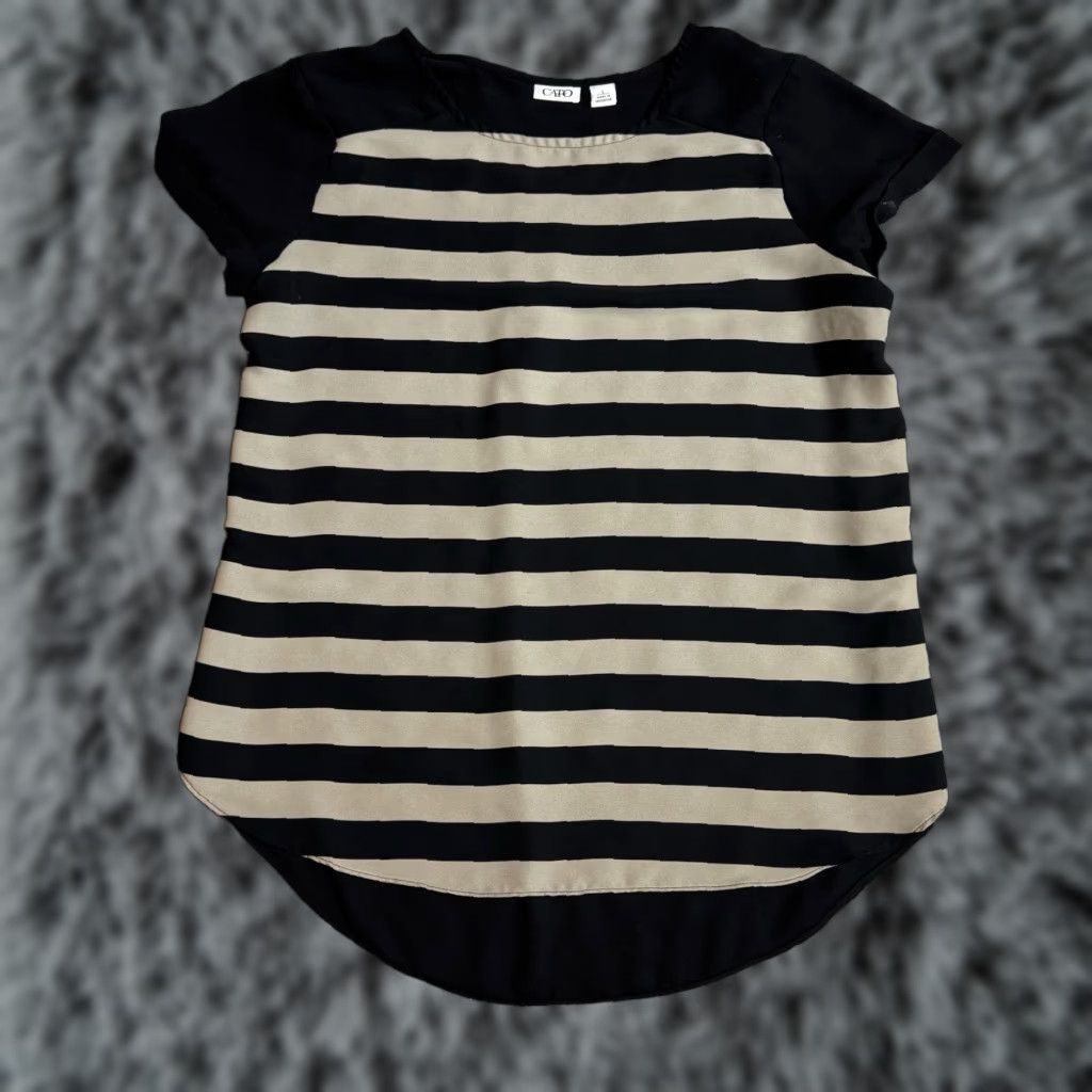 Vintage Cato Blouse Women Large Striped High Low Hem Casual Modern Dress Shirt Regular 100% Polyester Black Womens Size L / US 10 / IT 46 - 1 Thumbnail