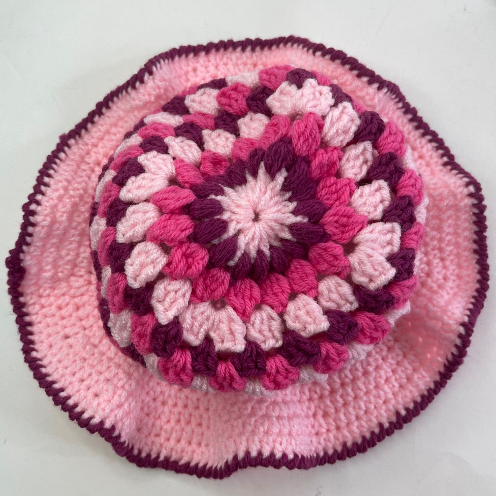 Handmade Crochet Bucket Hat Granny Square Pattern Pink Burgundy Adult Size ONE SIZE - 5 Thumbnail