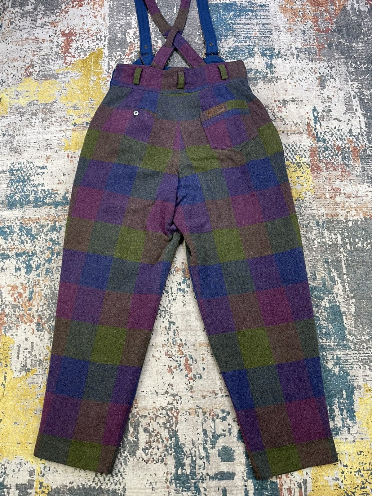 Japanese Brand Vintage Boho Patchwork Plaid Wide Leg Wool Dungaree Size US 30 / EU 46 - 6 Thumbnail