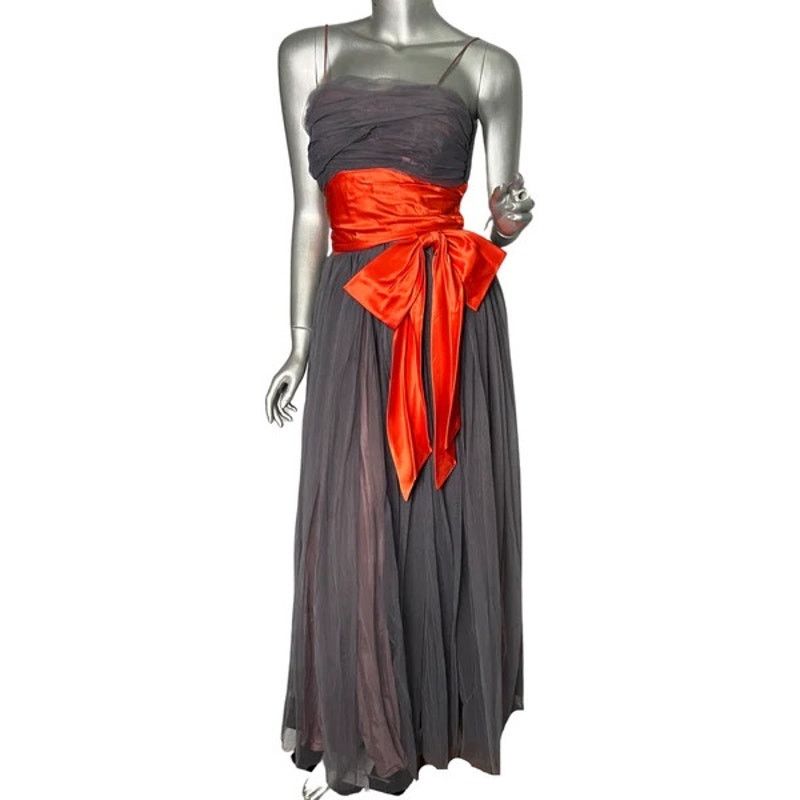 image of Vintage 1950S Smoke Grey Tulle Gown Orange Satin Sash Small, Women's