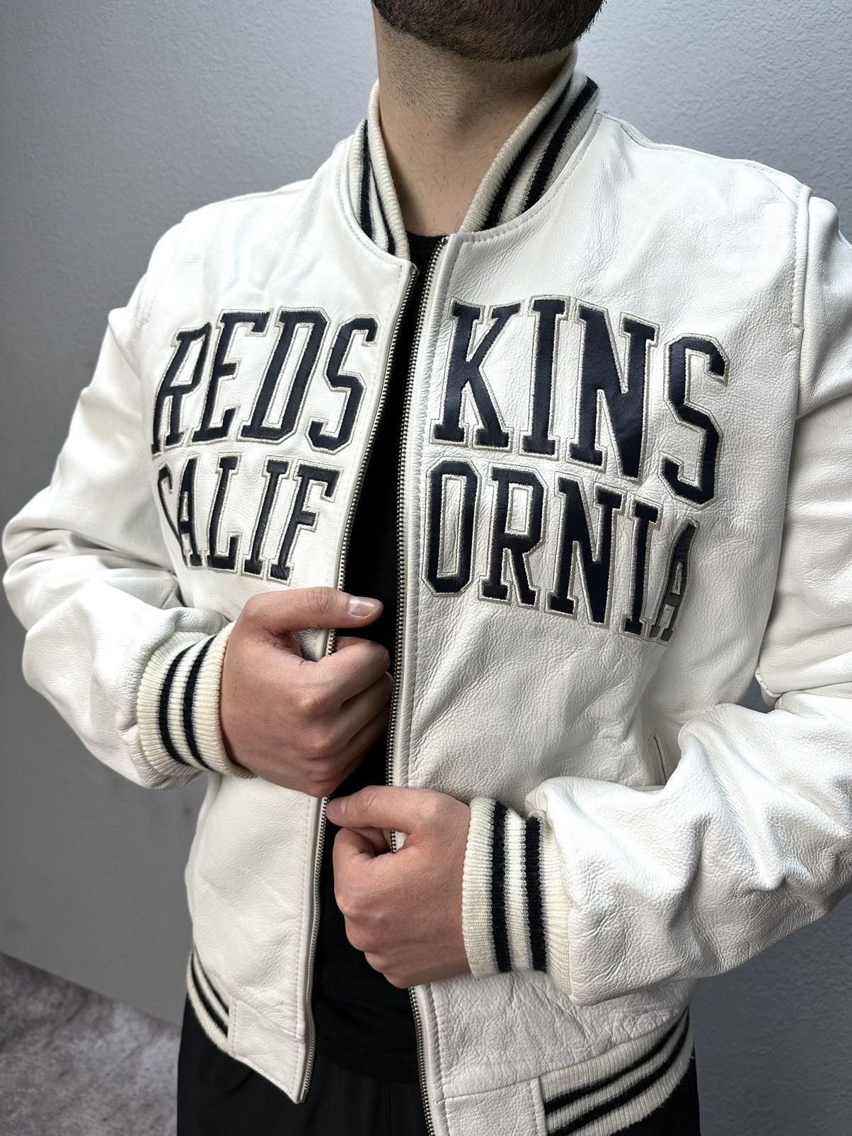 image of Vintage Redskins California Bomber Leather Jacket Varsity in White, Men's (Size XL)