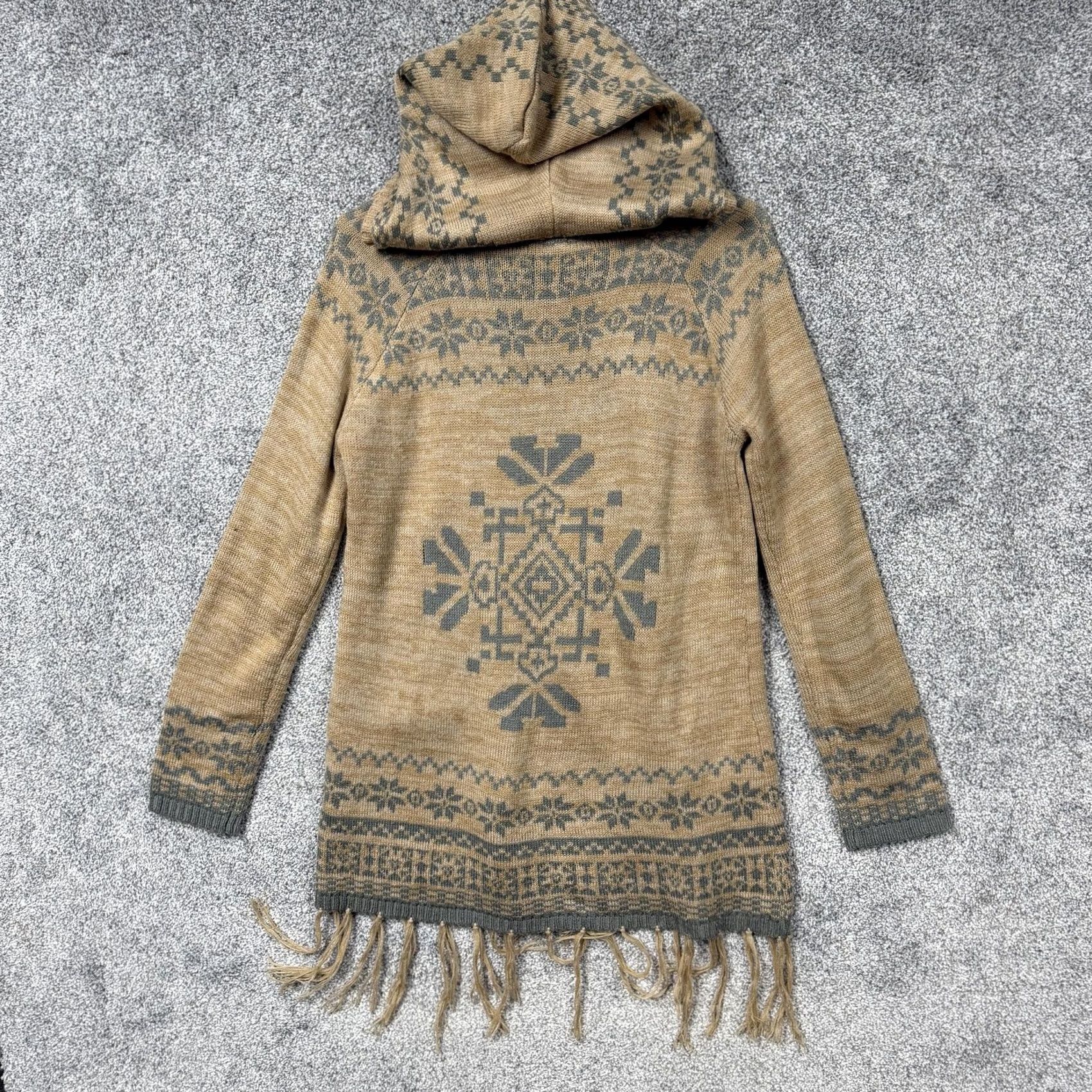 Vintage Say What Tunic Sweater Womens S Tan Knit Hoodie Fringe Aztec Print Boho Festival Size S / US 4 / IT 40 - 7 Thumbnail