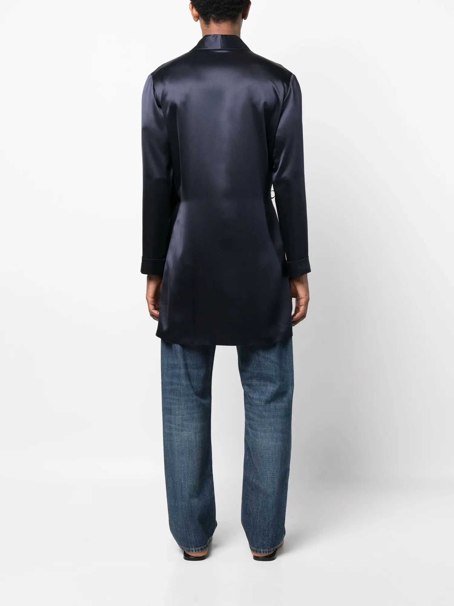 Saint Laurent Paris o1s1wg111024 Off-Centre Silk Coat in Navy Blue Size US L / EU 52-54 / 3 - 4 Thumbnail