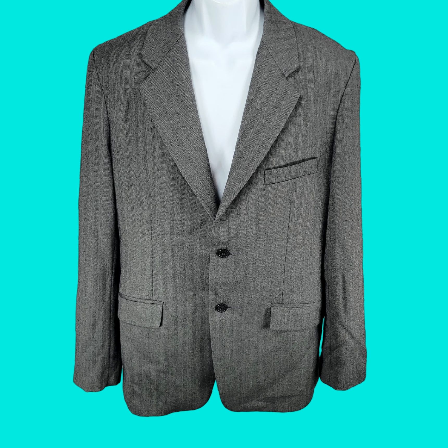 VINTAGE Barneys New York Blazer 2 Piece Wool Herringbone Notch Lapel Grey 52 Regular Mens Italy Made 100% Wool Blazer