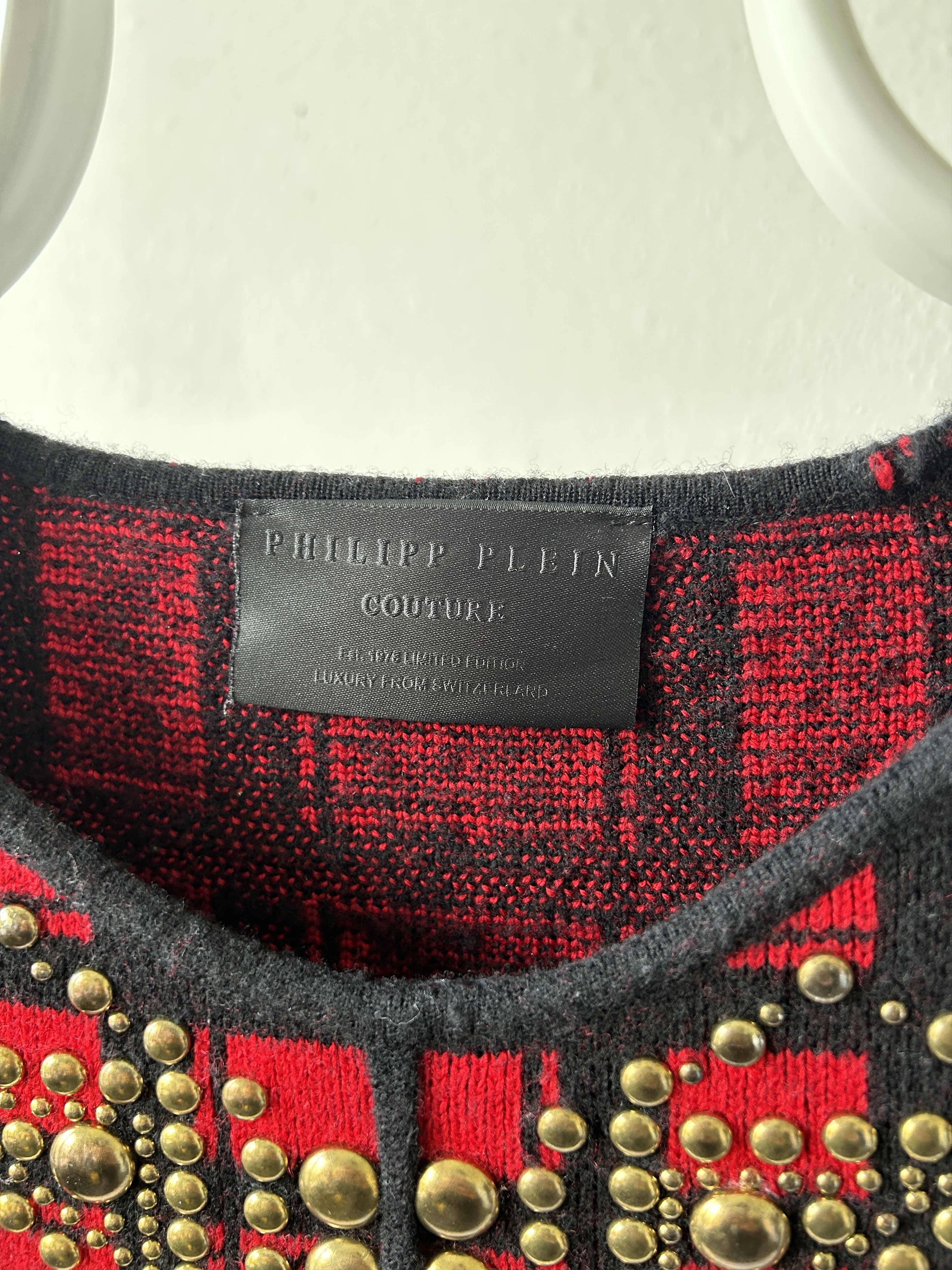 AW14 runway Philipp Plein studded check wool knit mini dress