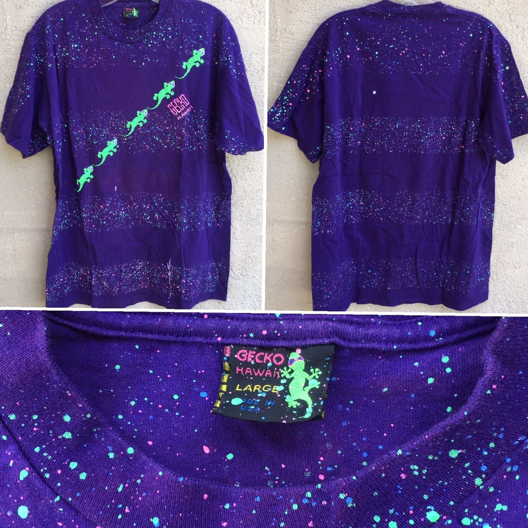 Vintage VINTAGE Gecko Hawaii T-Shirt Mens L Purple Neon Graphics Happy Shirts Geckos Puff Paint 80s 90s Neon Splatter Striped Animals Hawaiian Size US L / EU 52-54 / 3 - 3 Thumbnail
