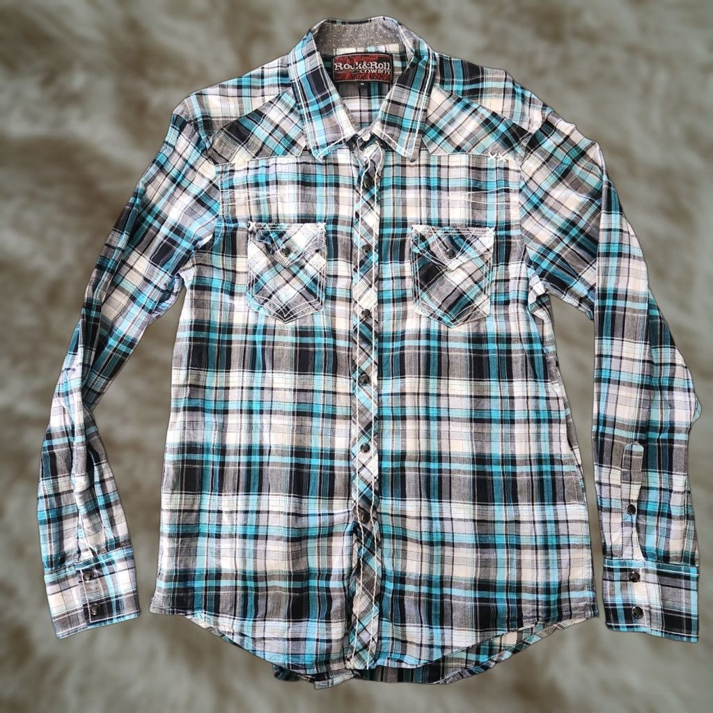Vintage Rock And Roll Cowboy Pearl Snap Shirt Mens Medium Teal Plaid Thick Stitch Regular Button-Up Short Sleeve Collared Pocket Cowboy USA Western Mens Size US M / EU 48-50 / 2 - 1 Thumbnail