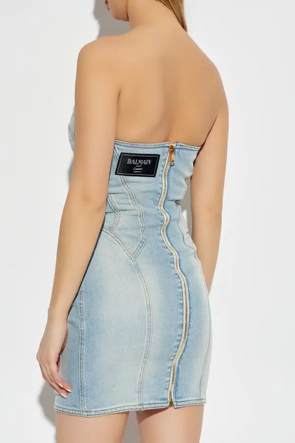 Balmain o1s1wg111225 Short Denim Dress in Light Blue Size M / US 6-8 / IT 42-44 - 4 Thumbnail