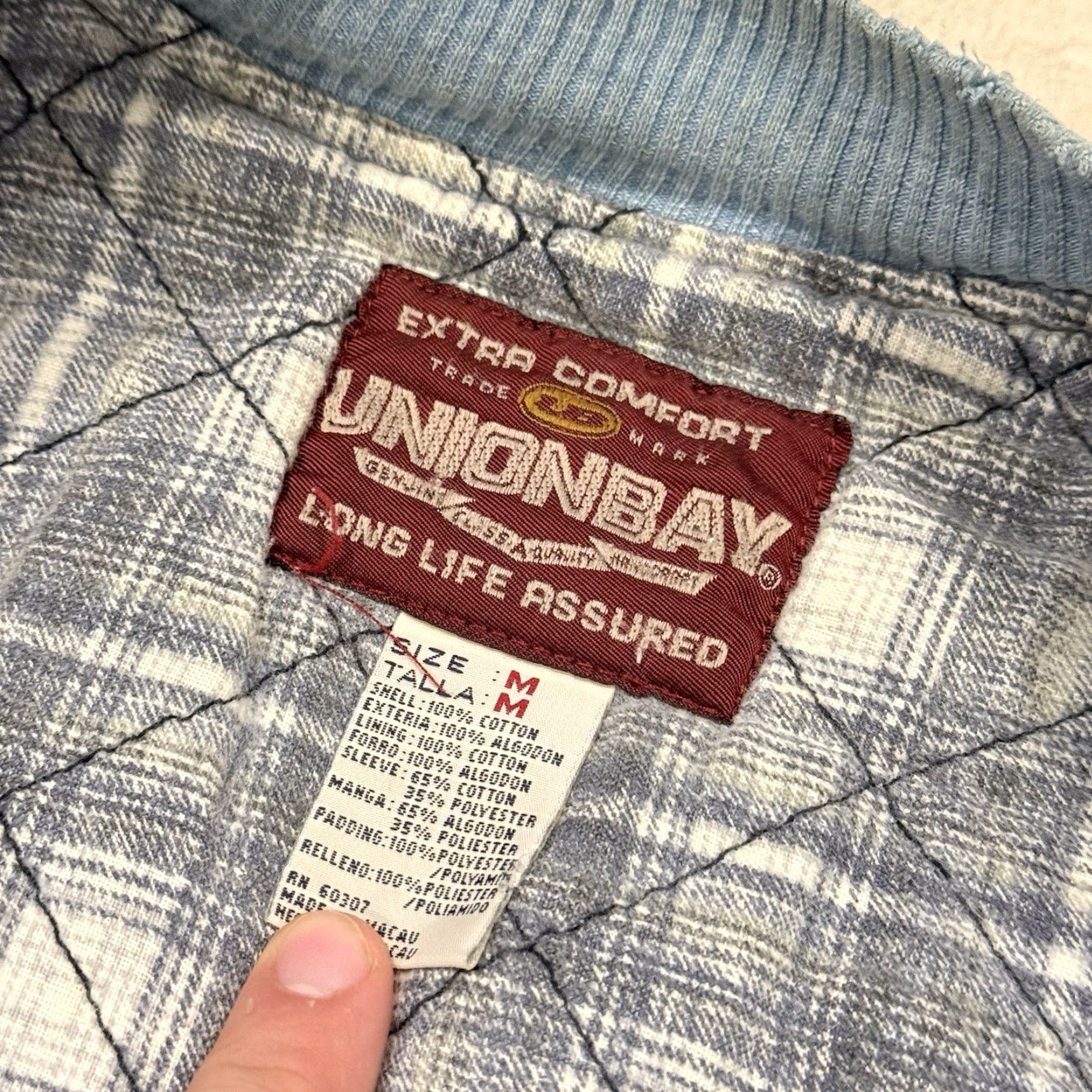 Vintage VINTAGE UNIONBAY Jacket Mens M Blue Denim Bomber Zip Quilt Line Spellout STAINS Size US M / EU 48-50 / 2 - 3 Thumbnail