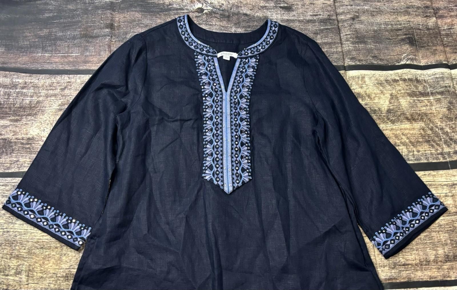 Chicos Chicos Dress Womens Size 8 Linen Embroidered Embellished Size M / US 6-8 / IT 42-44 - 4 Thumbnail