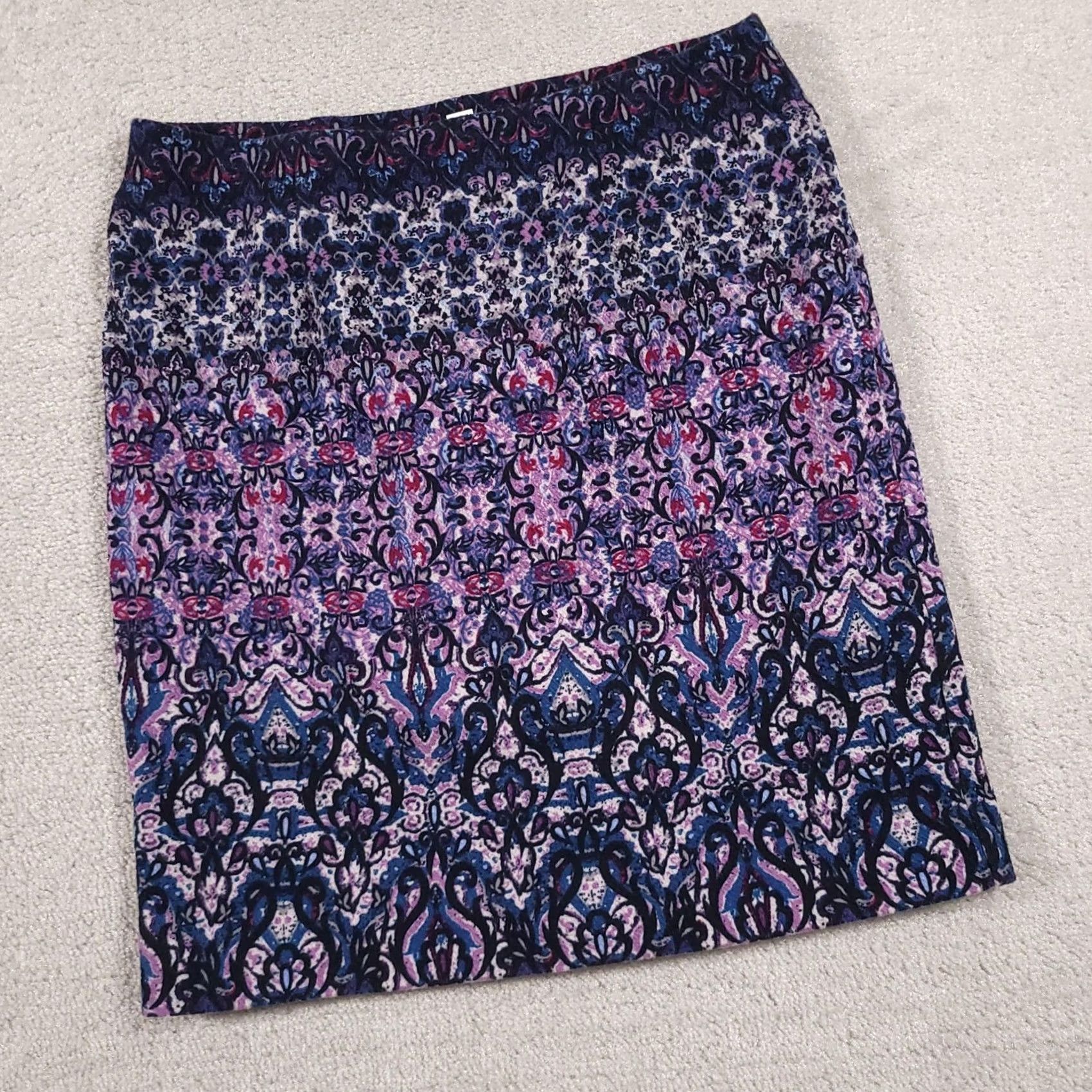 J. Jill J Jill Skirt Womens Small Lined Pull On Stretch Jacquard Floral Pattern Knee Length Multicolor Paisley 90s Art Bohemian Festival Womens Size 28" / US 6 / IT 42 - 2 Thumbnail