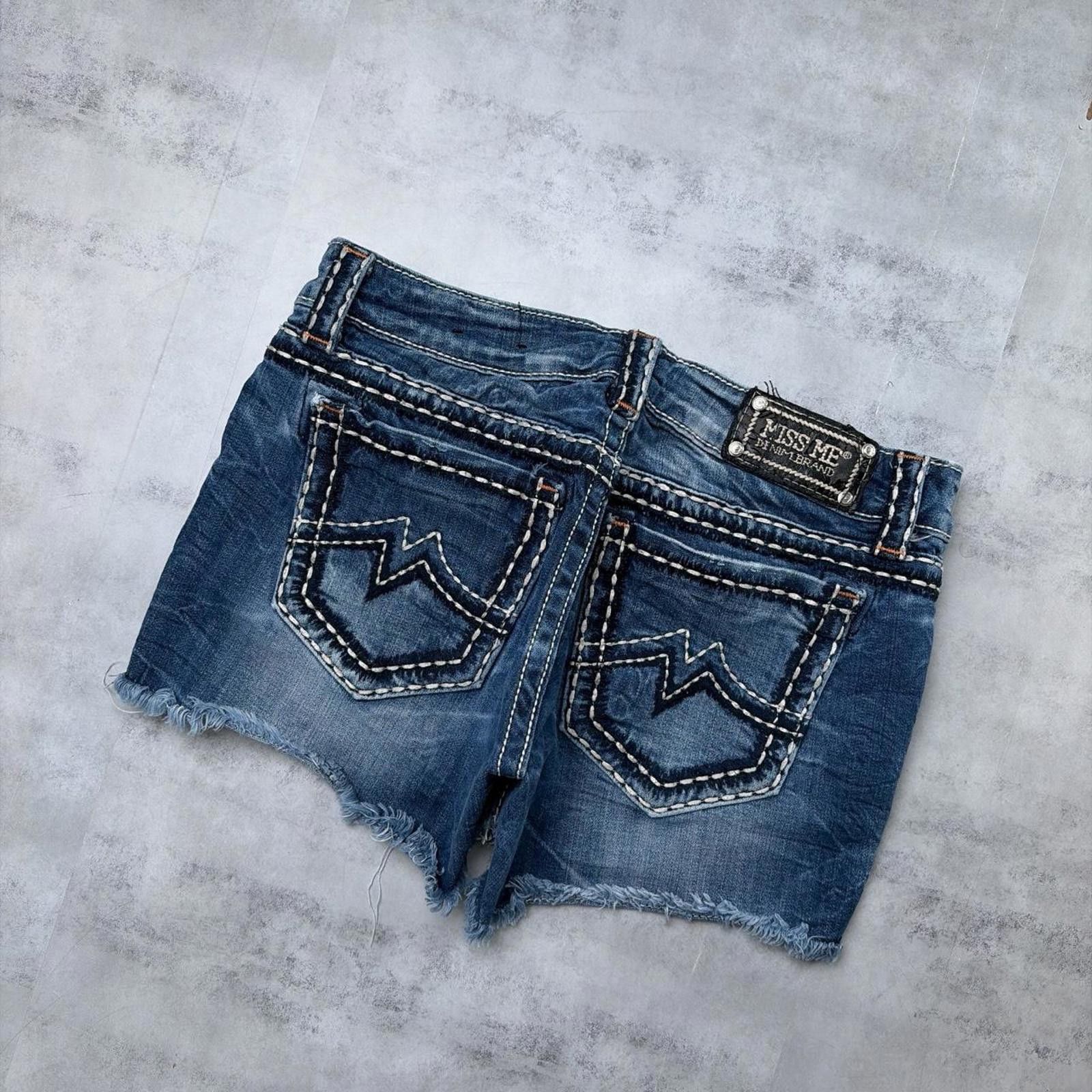 Other Y2K Blue Miss Me Grunge Stitched Denim Mini Shorts Size 30" / US 8 / IT 44 - 3 Thumbnail