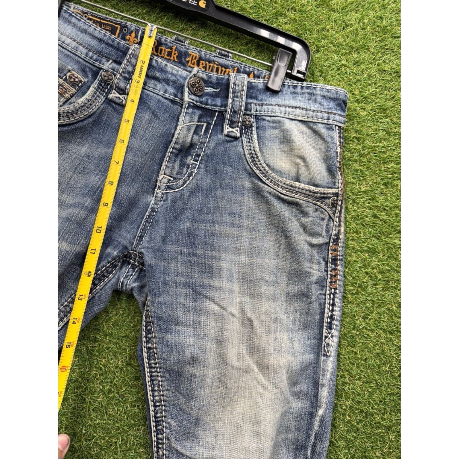 Vintage Rock Revival Jeans Men 31 Blue Priam Straight Denim 5-Pocket Distressed Regular Fit USA Rock Grunge Style Pants Size US 31 - 6 Thumbnail