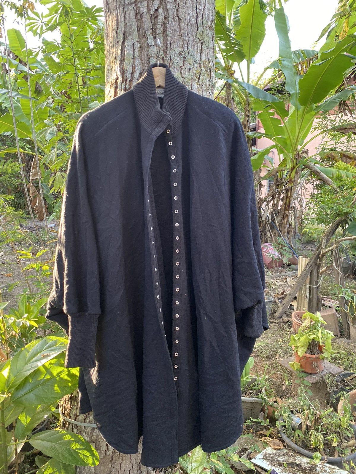 image of Norma Kamali Poncho Cape Wool Oversized Button Up Jacket in Black, Women's (Size Medium)