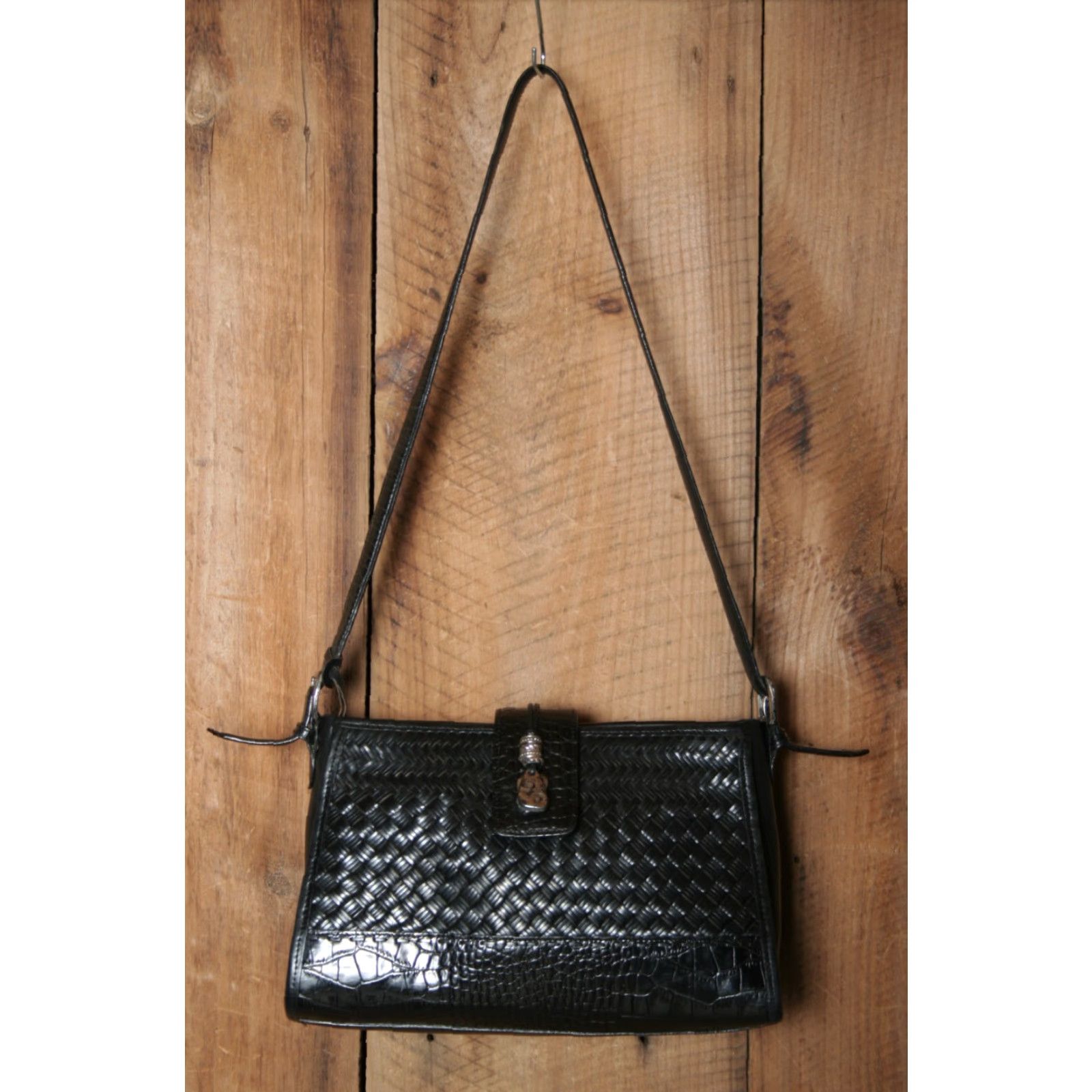 Brighton VINTAGE Brighton Shoulder Bag Black Leather Croc Embossed Plaid Lined Small Purse Size ONE SIZE - 2 Thumbnail