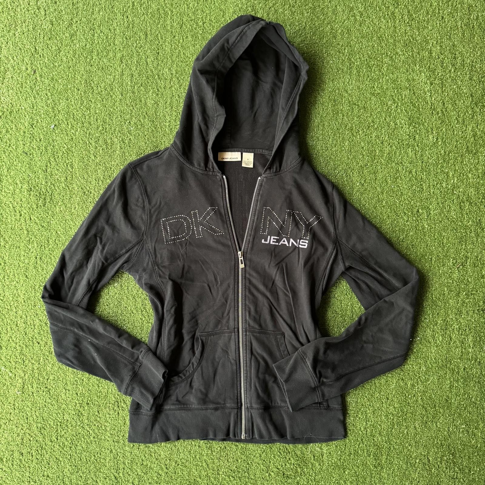 Designer DKNY Jeans Black Zip-Up Hoodie Size ONE SIZE - 1 Thumbnail