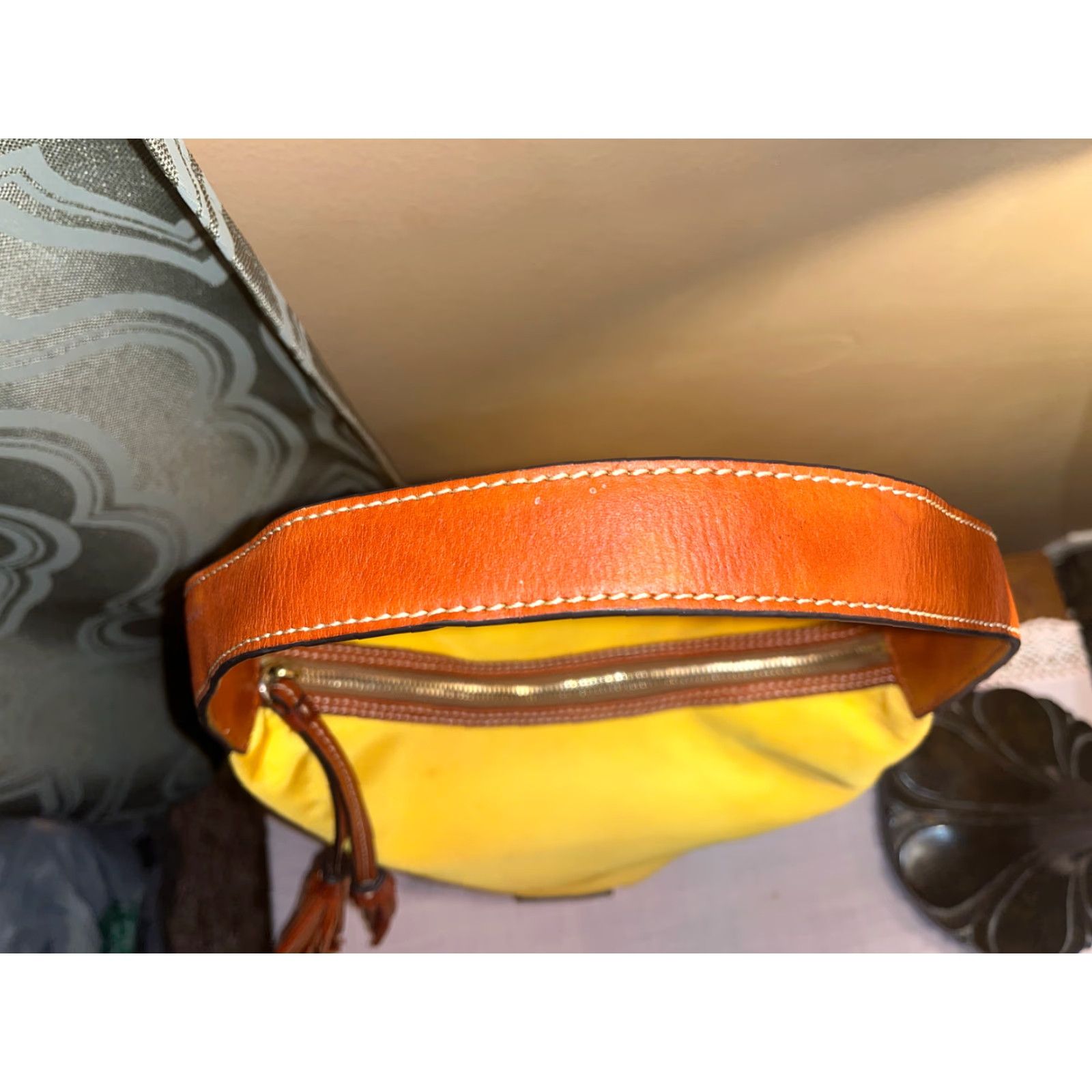 Dooney & Bourke Dooney & Bourke Yellow Canvas Hobo Style Handbag Leather Strap & Tassel Size ONE SIZE - 4 Thumbnail