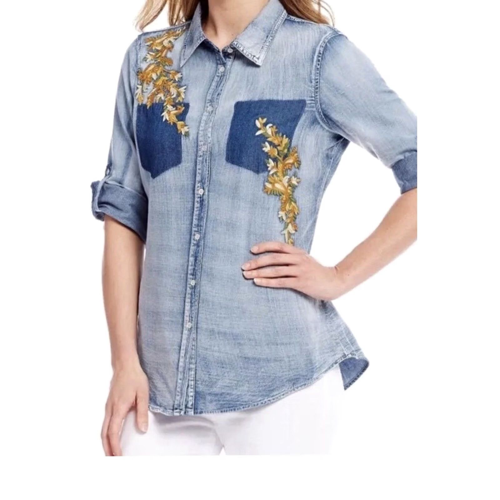 Vintage Reba Chambray Shirt Button-Up Women L Blue Casual Travel 90s? Size L / US 10 / IT 46 - 2 Thumbnail