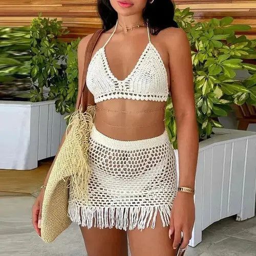 Designer Summer Beach Outfit Women (Bra top+Tassel Skirt) Size M / US 6-8 / IT 42-44 - 1 Thumbnail