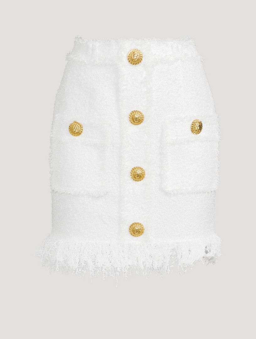 Balmain o1s1wg110725 Fringed Tweed Mini Skirt in White Size 30" / US 8 / IT 44 - 1 Thumbnail