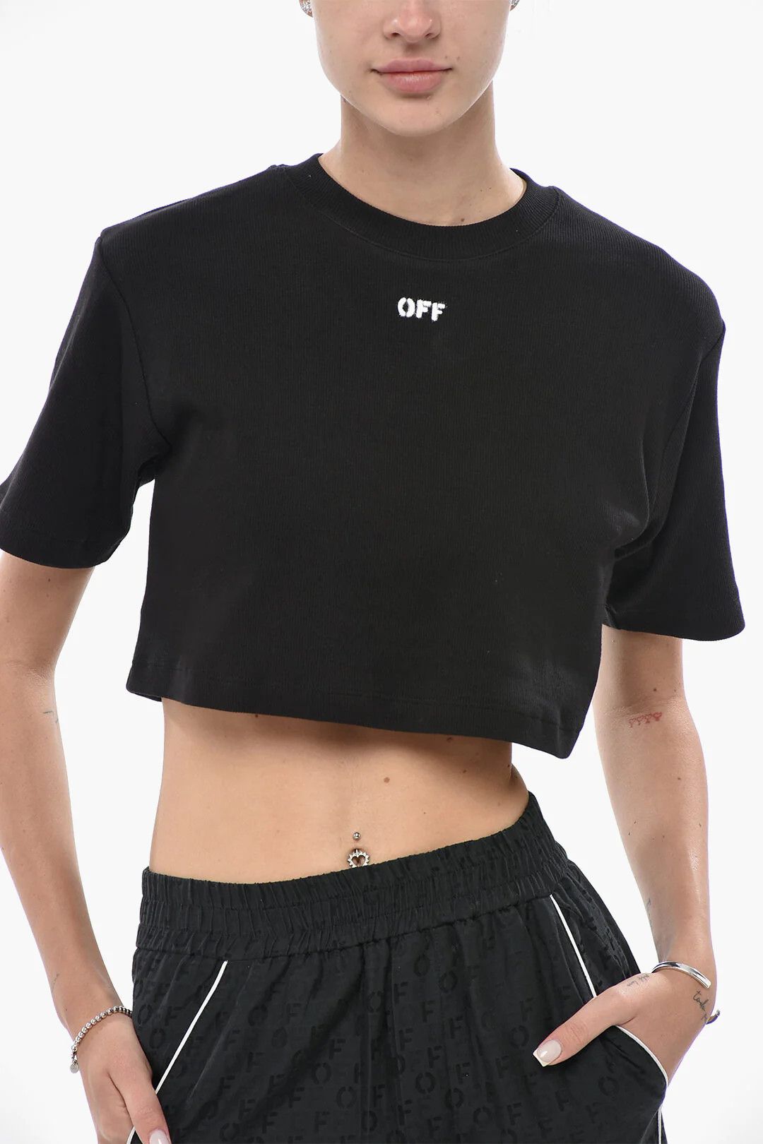 Off-White og1mm0426 Ribbed Cotton-Blend Crop T-Shirt in Black Size XXS / US 00 / IT 34 - 3 Thumbnail