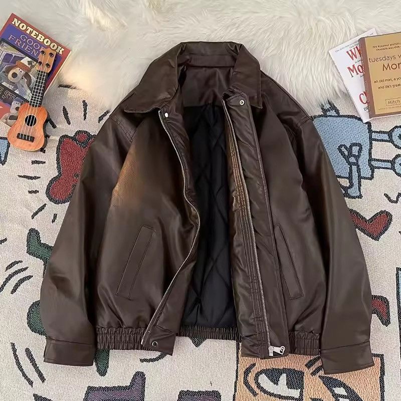 Other Streetwear Zipper PU Leather Loose Bomber Jacket Brown Size M / US 6-8 / IT 42-44 - 3 Thumbnail