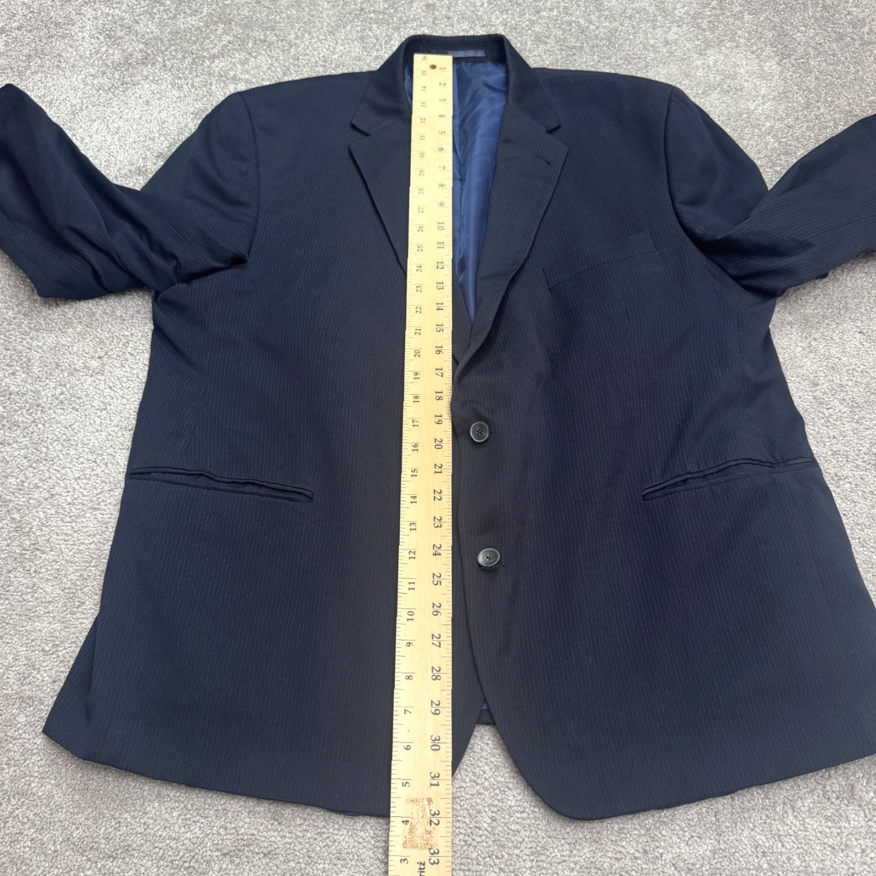 Vintage Canda Blazer Jacket Men 46S Navy Blue Pinstriped Wool-Blend Single-Breasted Notch Lapel Regular Fit Workwear Tailored Professional Mens Size US 30 / EU 46 - 7 Thumbnail