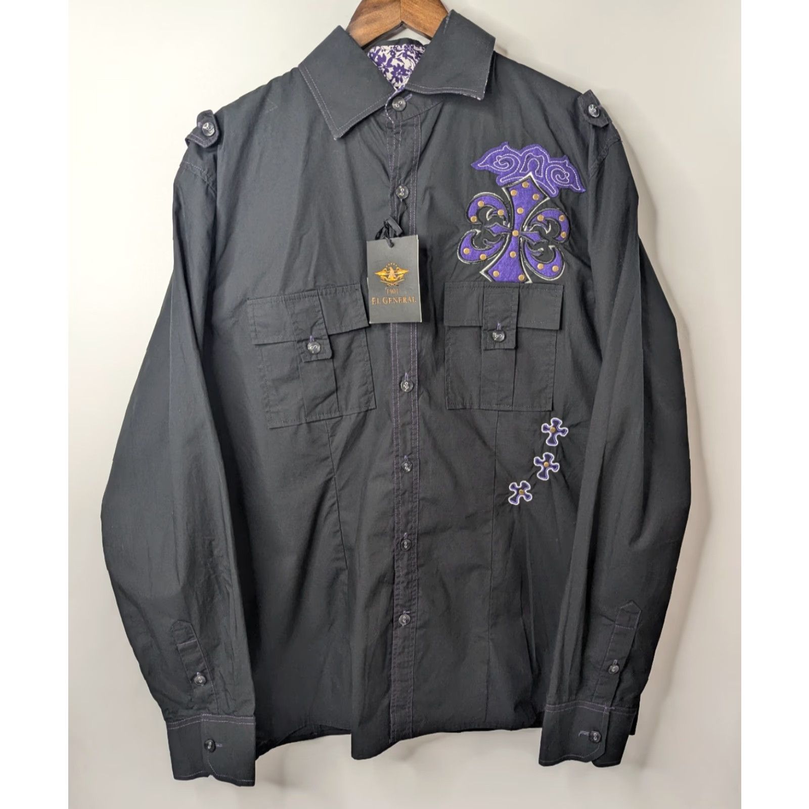 Vintage El General Shirt Button Long Sleeve XL Black Purple Rock n' Roll Mens Shirt Size US XL / EU 56 / 4 - 4 Thumbnail