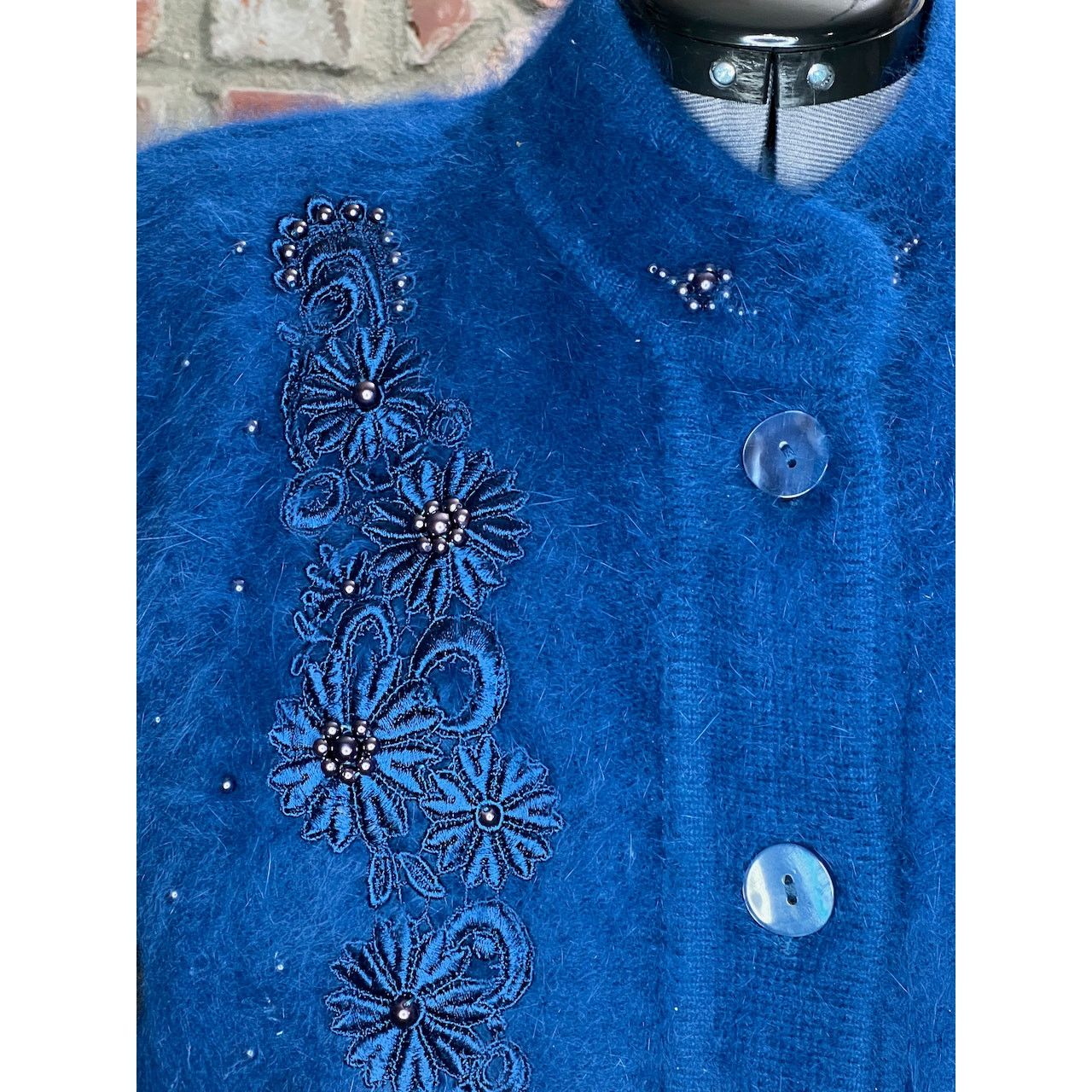 Vintage sweater coat fuzzy beaded sequin flower angora blue Size US XL / EU 56 / 4 - 3 Thumbnail