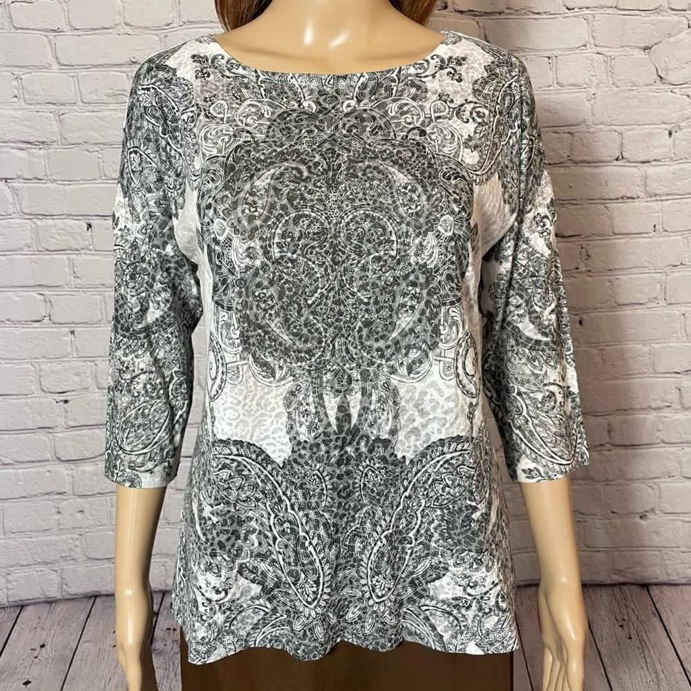 Chicos Chico's Black White Print 3/4 Sleeve Top Size 0 US S Size S / US 4 / IT 40 - 2 Thumbnail