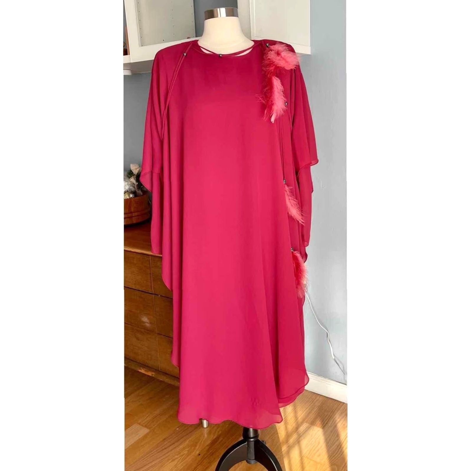 Vintage VINTAGE URSULA OF SWITZERLAND Dress Chiffon Flowy Drape Feathers 12 Pink 1980s Eveningwear Size XL / US 12-14 / IT 48-50 - 5 Thumbnail
