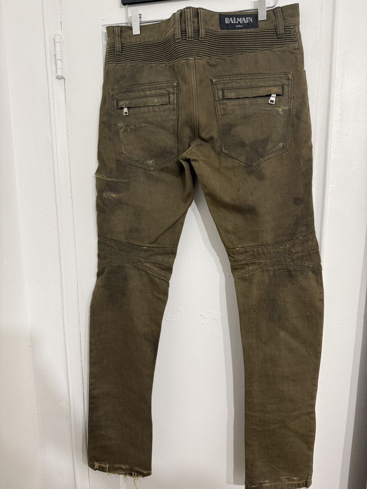 Balmain Olive Distressed Bikers *RARE* Size US 32 / EU 48 - 4 Thumbnail
