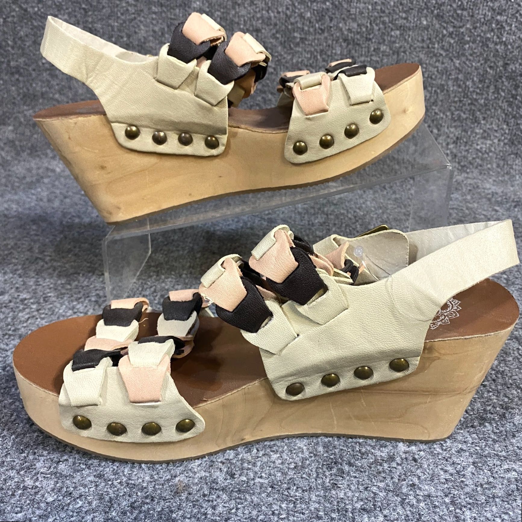 Vintage Ecote Sandals Womens 8 Beige Leather Strappy Platform Wood NEW Size US 8 / IT 38 - 5 Thumbnail