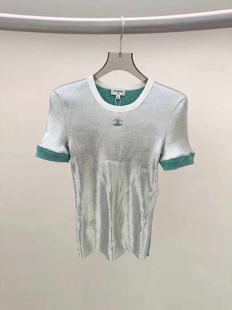 Chanel 25C Silver Green Knit Top