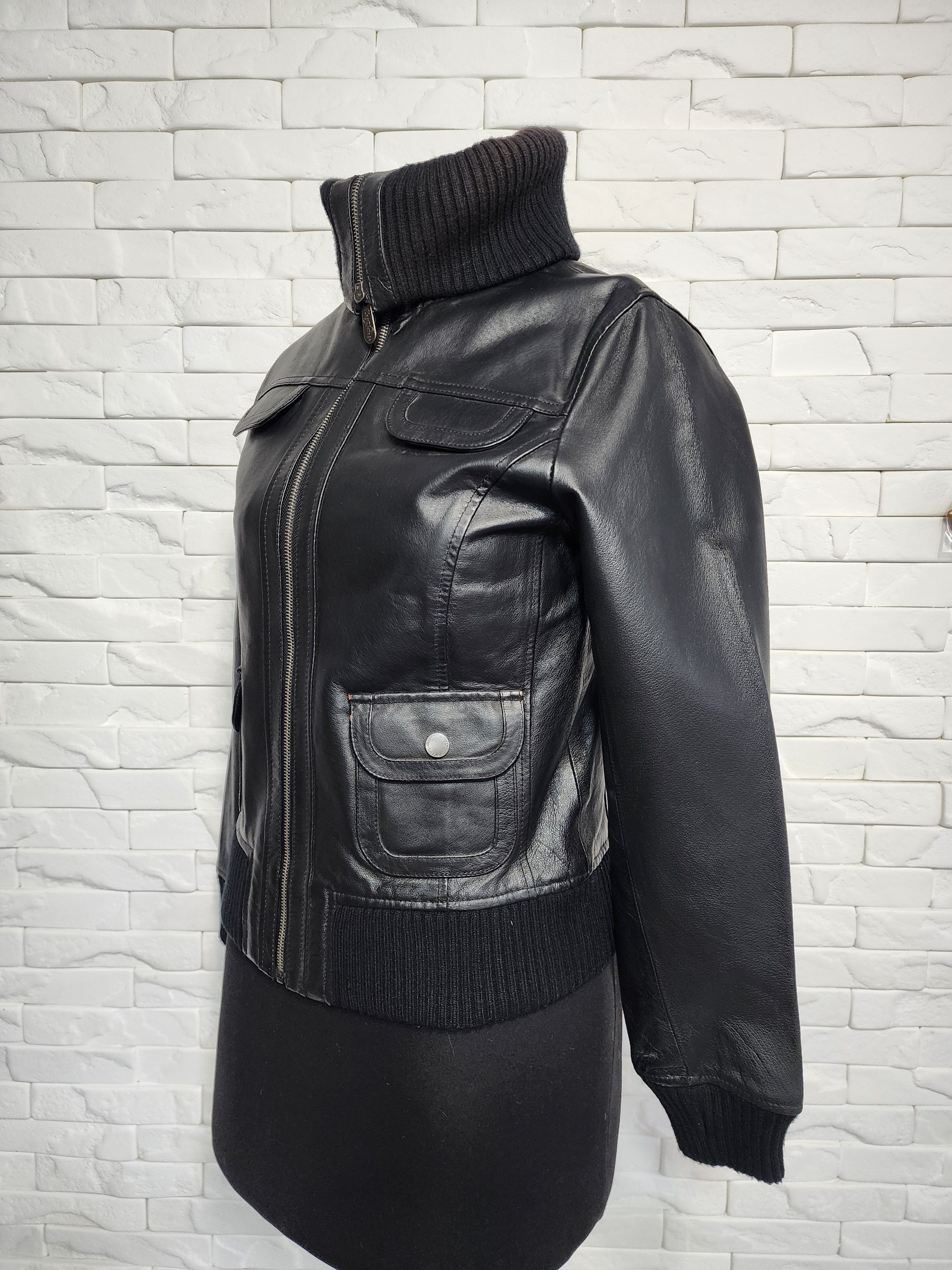 Other Black Leather Jacket: Women's Zip-Up Bomber with Knit Trim Size M / US 6-8 / IT 42-44 - 2 Thumbnail