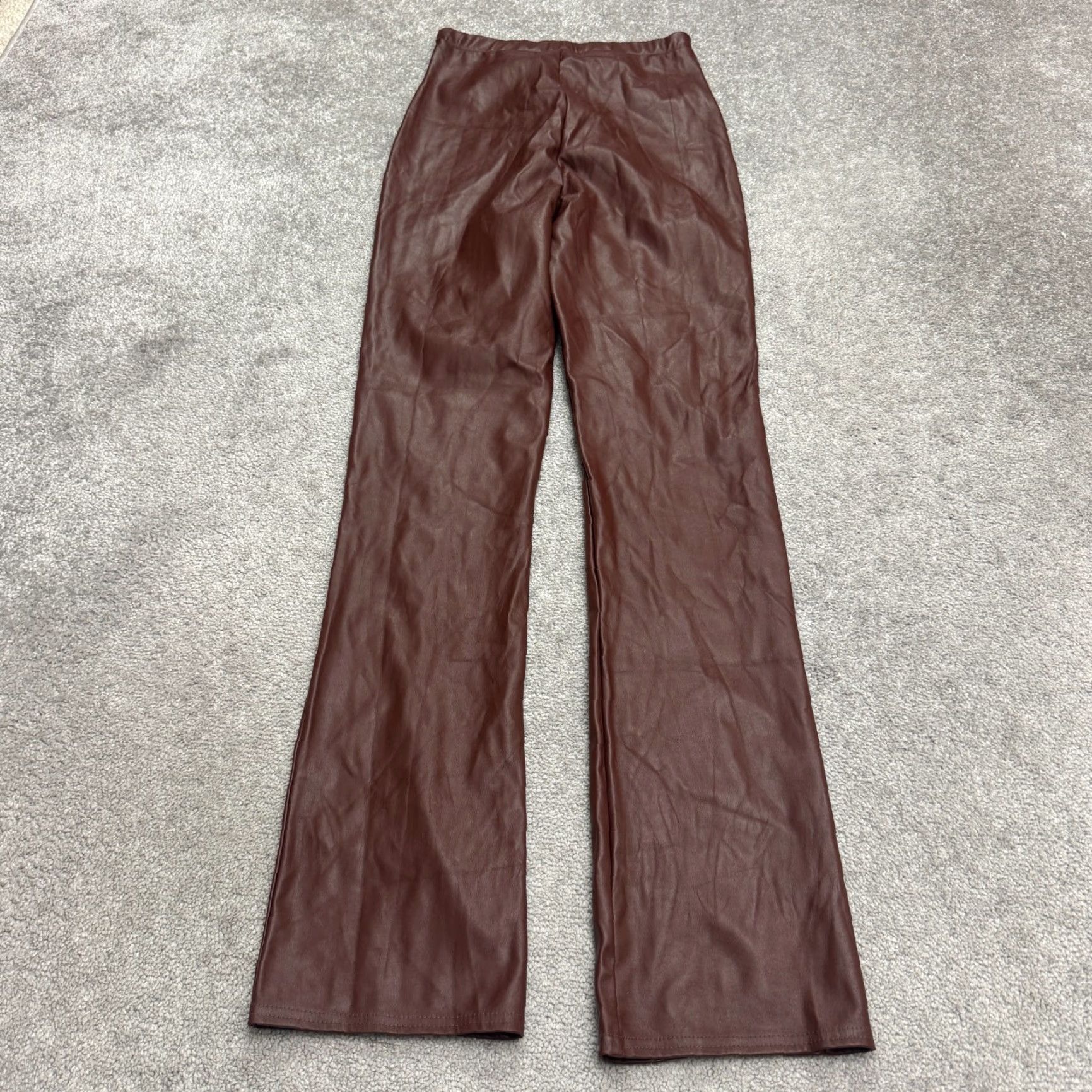 PrettyLittleThing PrettyLittleThing Choclate Faux Leather Flare Pants Womens 4 High Rise Split Hem Brown Size 27" / US 4 / IT 40 - 2 Thumbnail