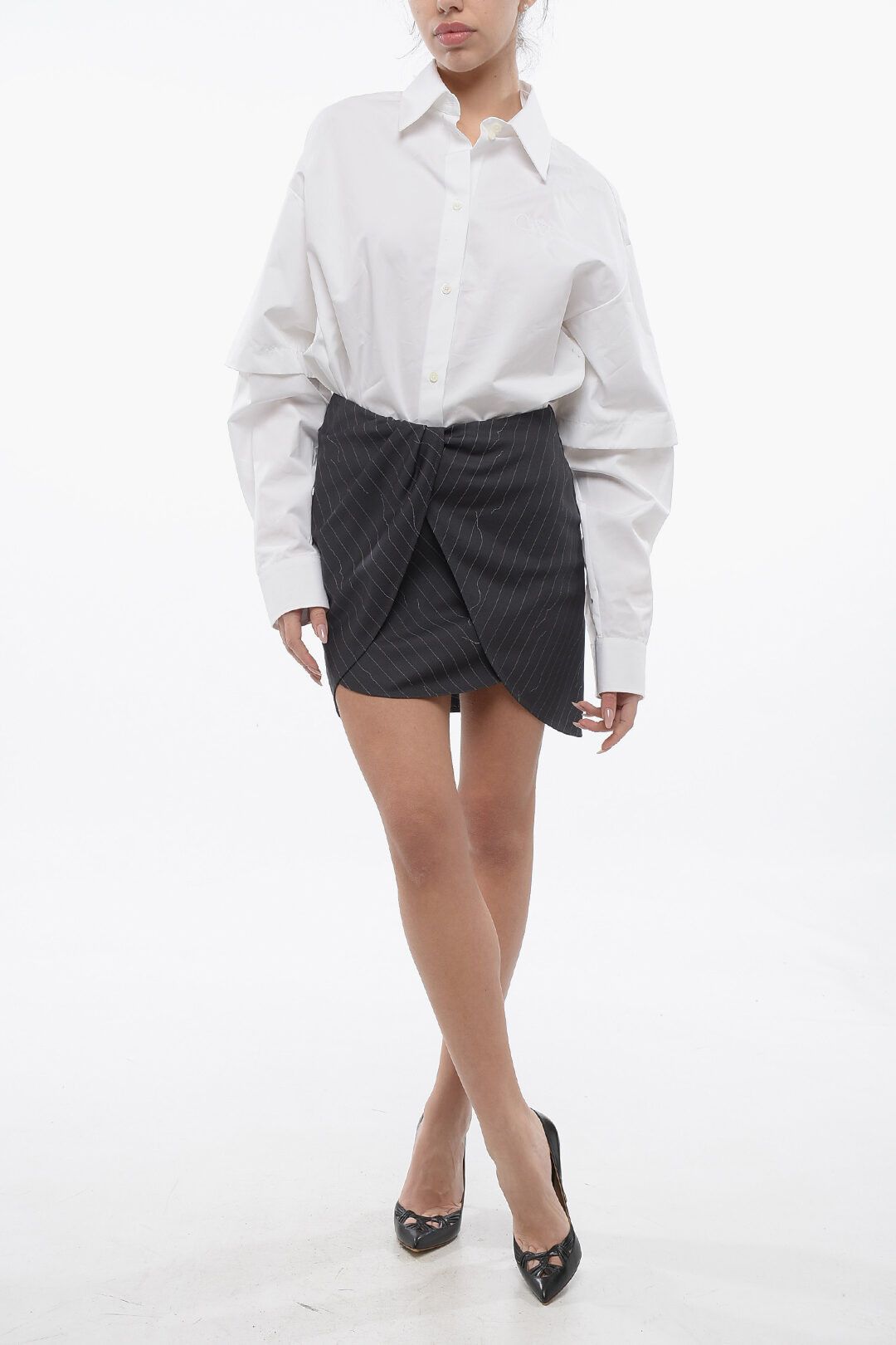 Off-White og1mm1125 Layered Twist Pinstriped Mini Skirt in Black Size 27" / US 4 / IT 40 - 4 Thumbnail