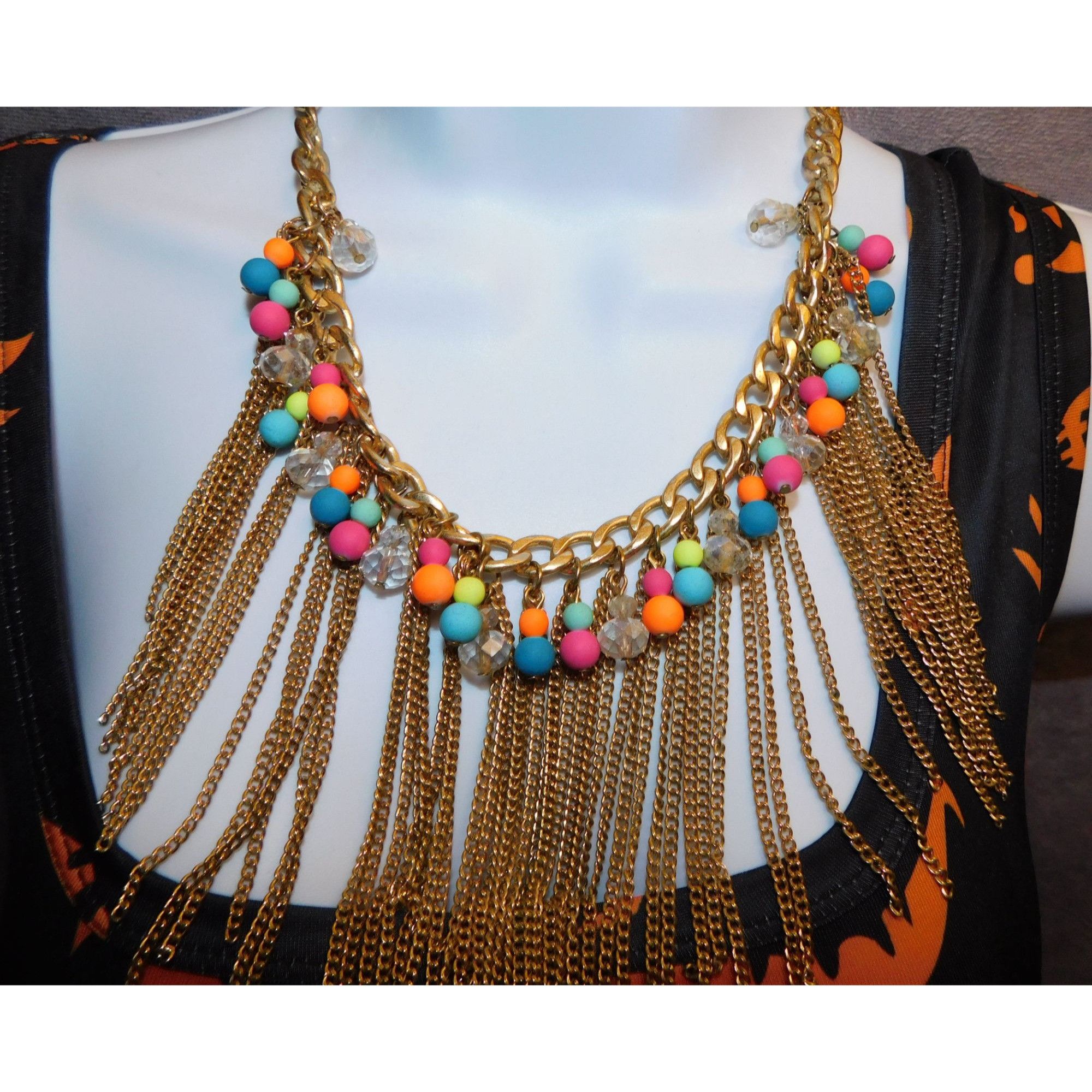 Other Neon 80s Beaded Gold Tone Chain Fringe Necklace Size ONE SIZE - 2 Thumbnail