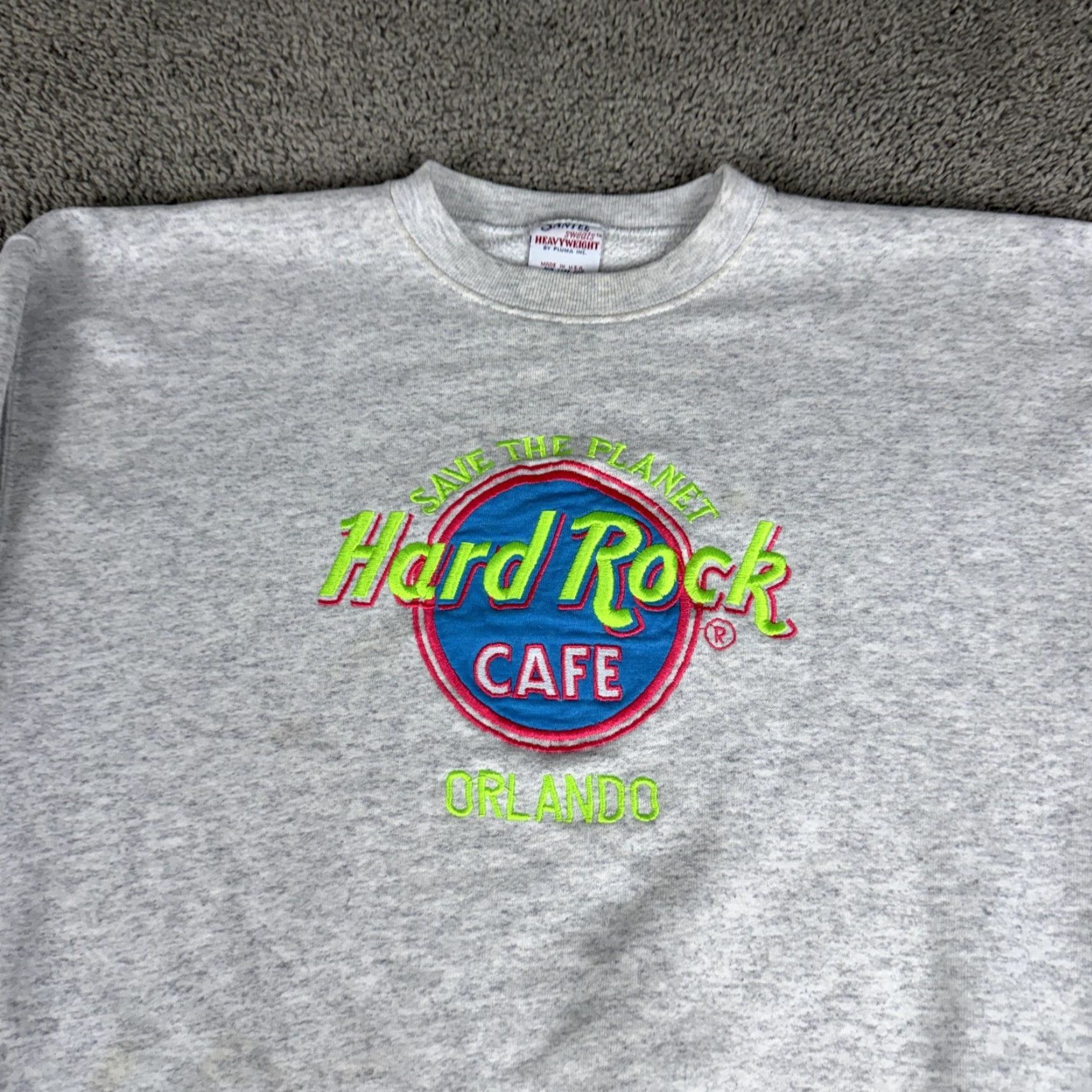 Hard Rock Cafe VINTAGE Hard Rock Cafe Sweatshirt Mens XL Gray Neon Save The Planet 90s City Music Retro Embroidered Logo Graphic Print Heavyweight Fleece Crew Neck Size US XL / EU 56 / 4 - 3 Thumbnail
