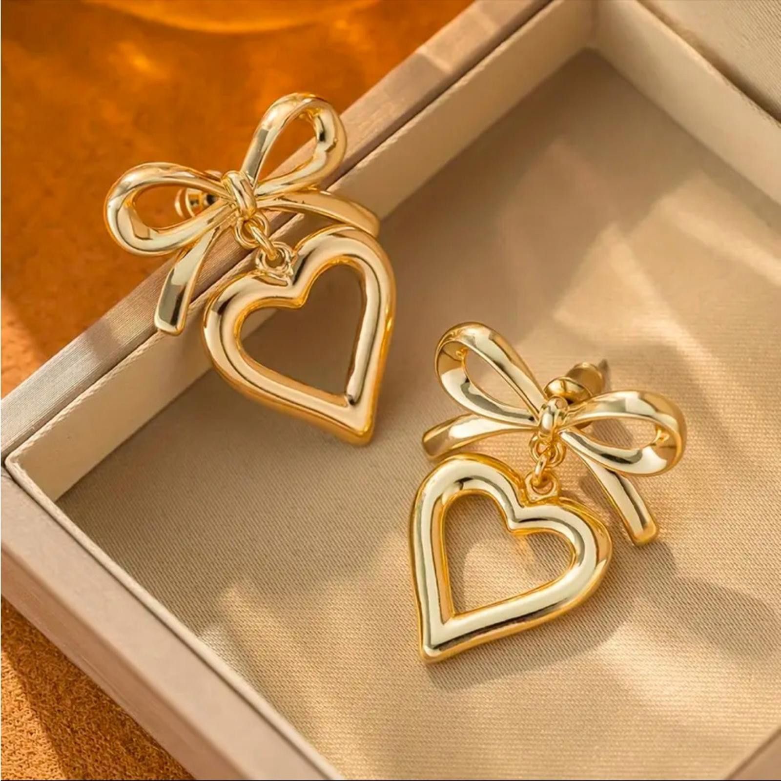 Designer Stainless Steel Bow and Heart Earrings 18K Gold Plated Studs Size ONE SIZE - 2 Thumbnail