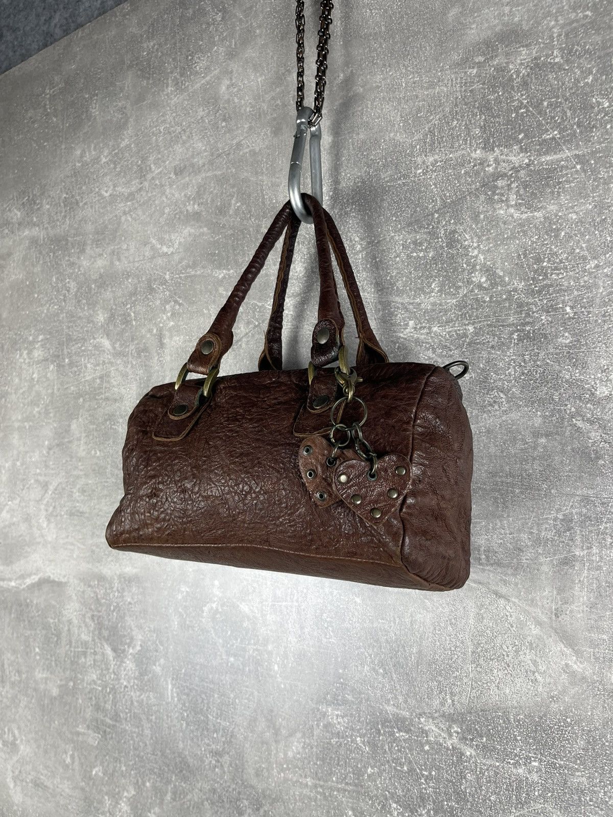 Genuine Leather Y2K Artisan Handcrafted Brown Heart Charm Mini Barrel Bag Size ONE SIZE - 2 Thumbnail