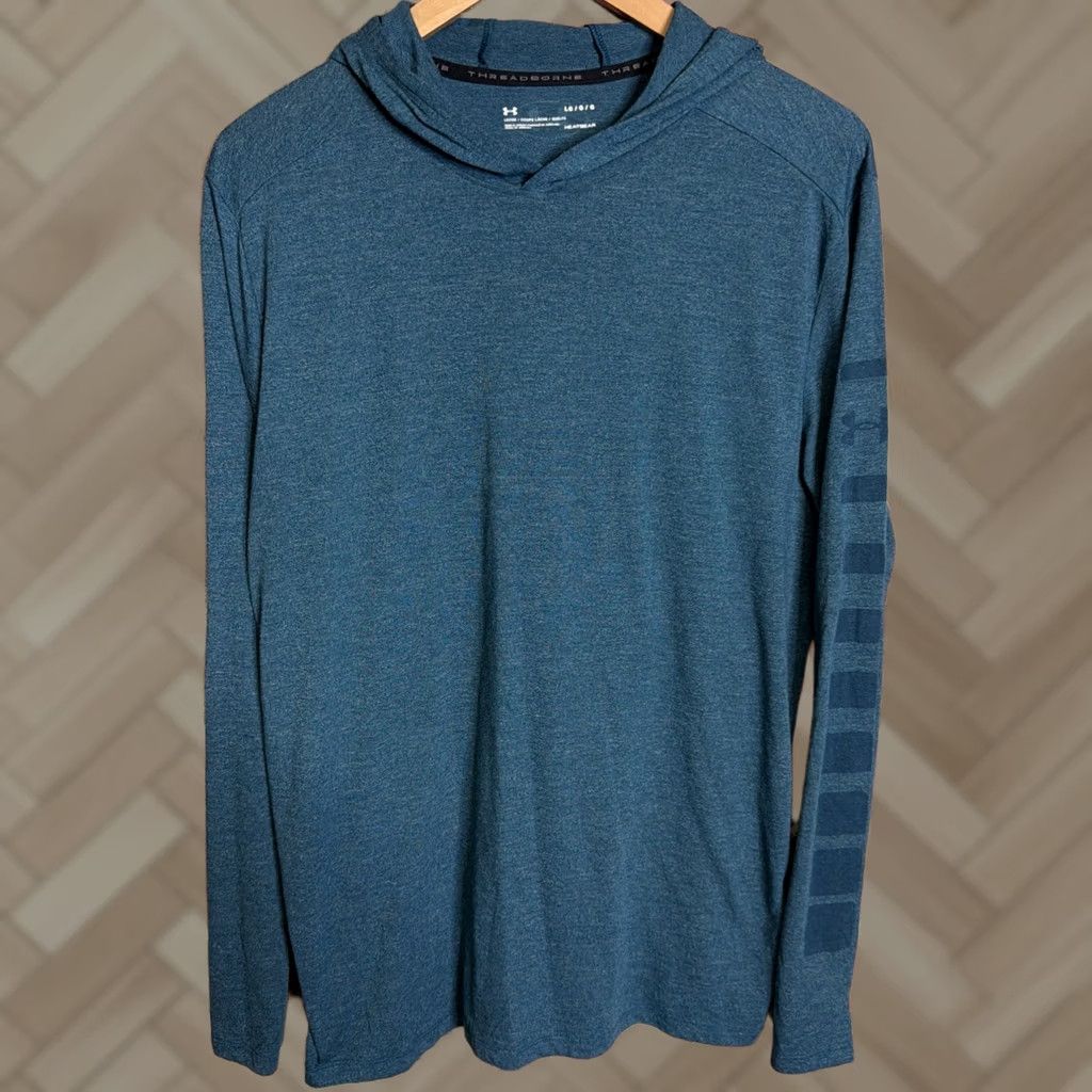 Under Armour Hooded Shirt Men’s Large Teal Blue Heat Gear Long Sleeve Athletic Gym Training Activewear, Men's