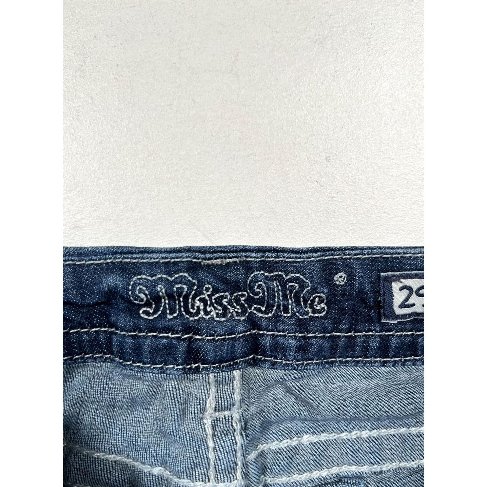 Miss Me Miss Me Jeans 29 Blue Signature Skinny Low Rise Distressed Rhinestone Jeans Size 29" - 4 Thumbnail