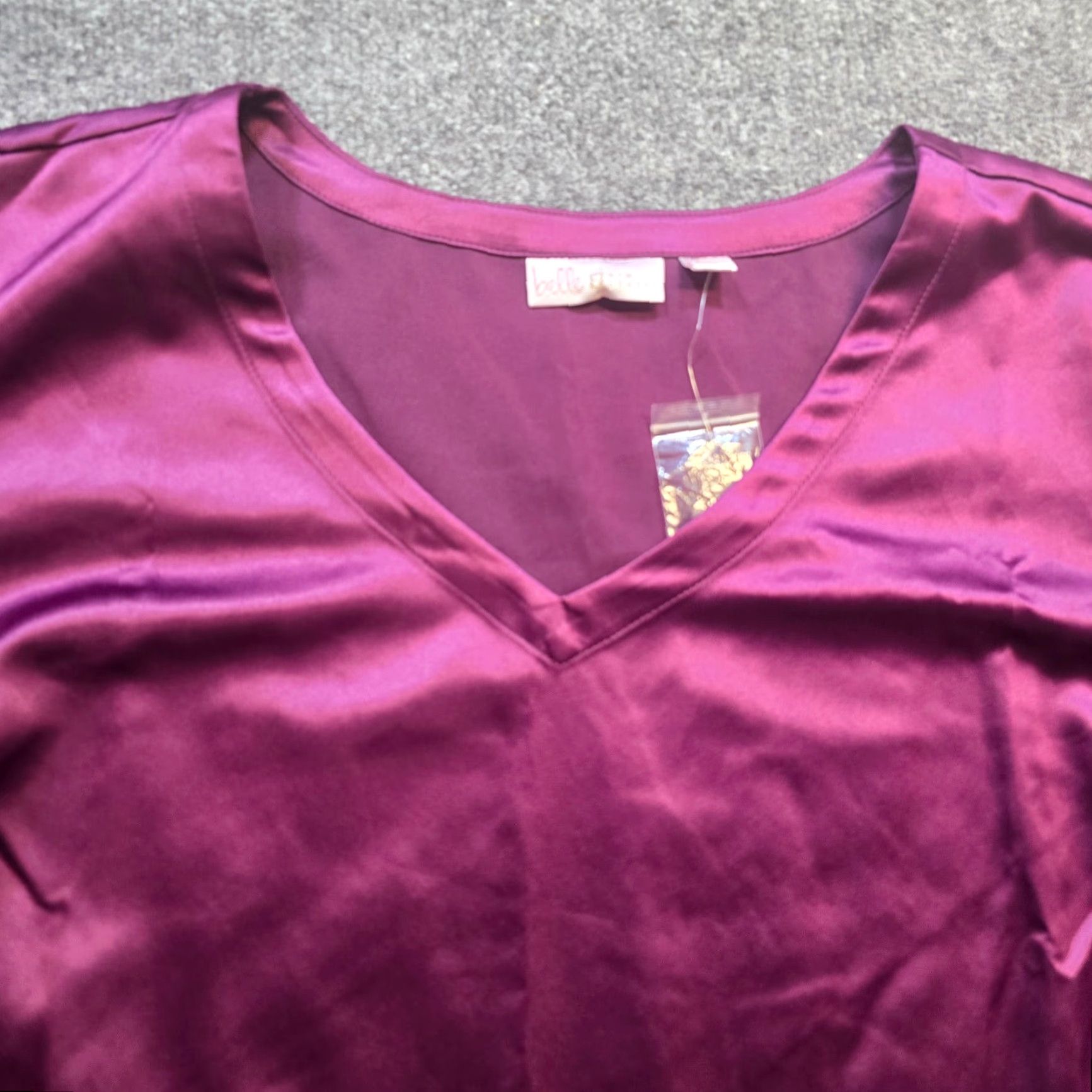 Vintage Belle Kim Gravel Top Womens 3X Purple Satin V Neck Long Sleeve Blouse Shirt V-Neck Puff Sleeve Casual Business Luxury 90s? Size XXL / US 16-18 / IT 52-54 - 2 Thumbnail