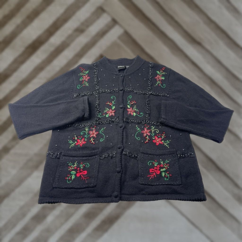 Vintage VINTAGE ERIKA Women's Cardigan Sweater Beaded Embroidered Black Christmas Medium Size M / US 6-8 / IT 42-44 - 1 Thumbnail