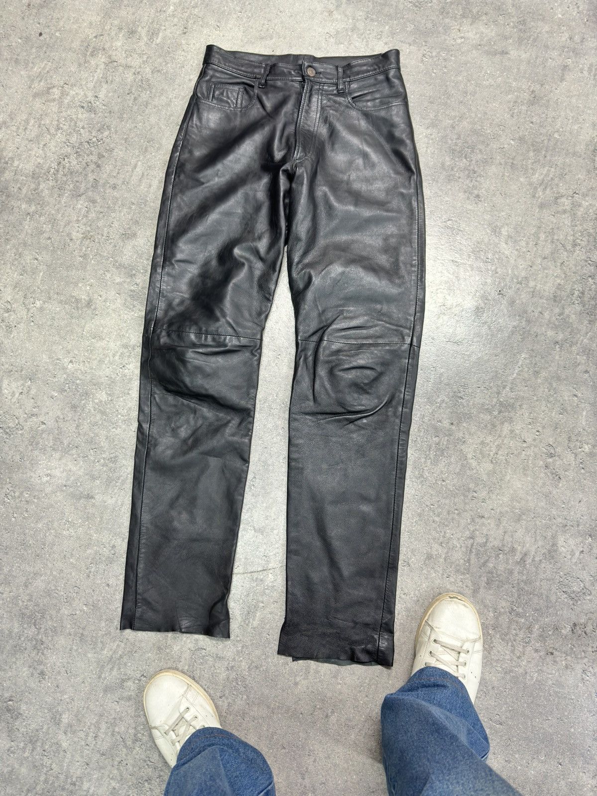 image of Avant Garde x Genuine Leather ᶠᵃⁿᶜʸᵍᵘʸ 90's Leather Pants Vintage Moto Opium Carti Y2K in Black (Si