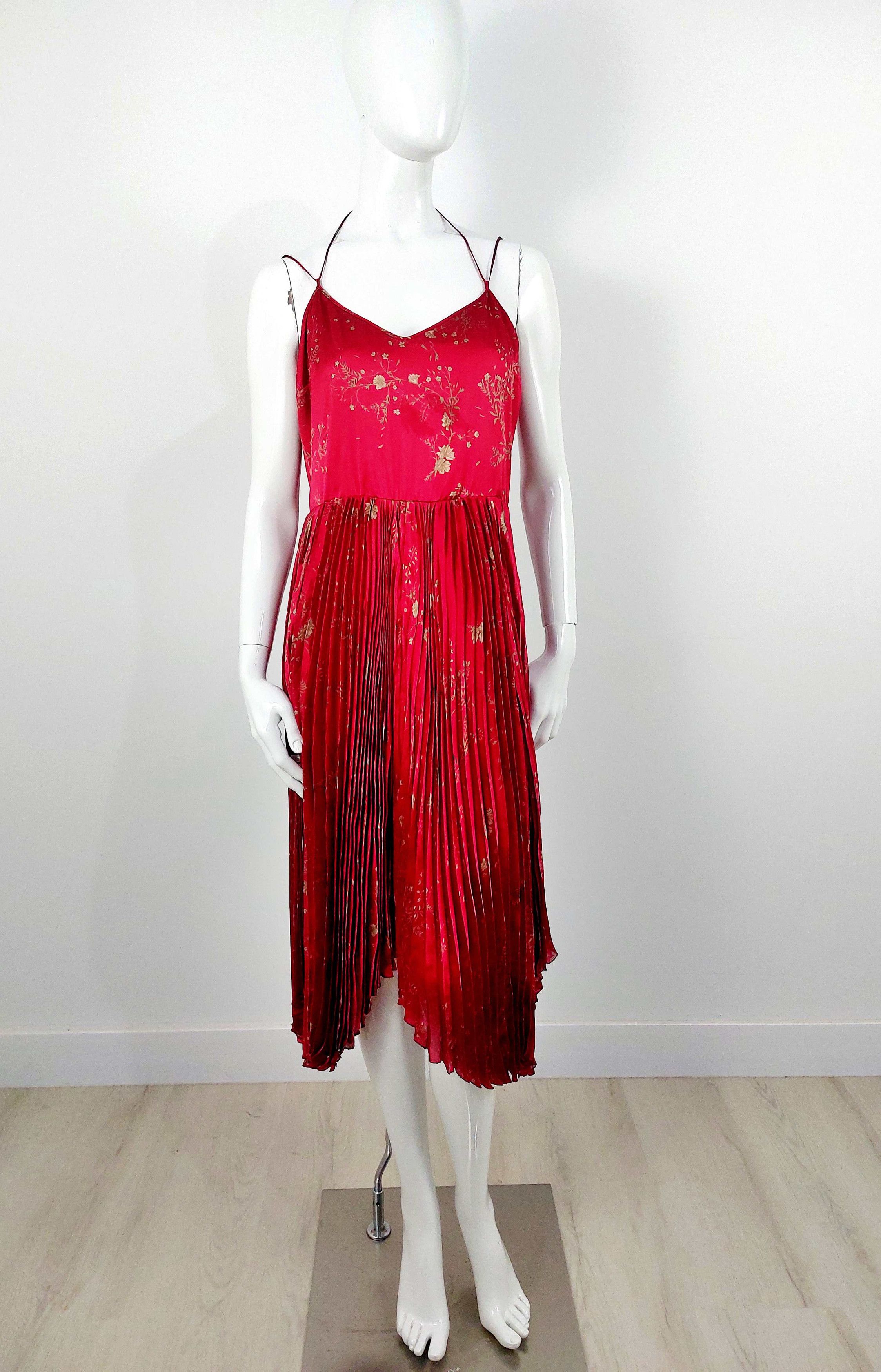 John Galliano John Galliano Paris Red Silk Floral Micro Pleated Gold Dress Size M / US 6-8 / IT 42-44 - 2 Thumbnail